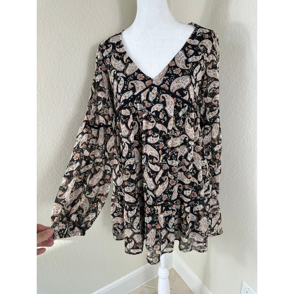 Trixxi Mini Dress Womens XXS Black Paisley Floral Boho Y2K Babydoll Whimsigoth
